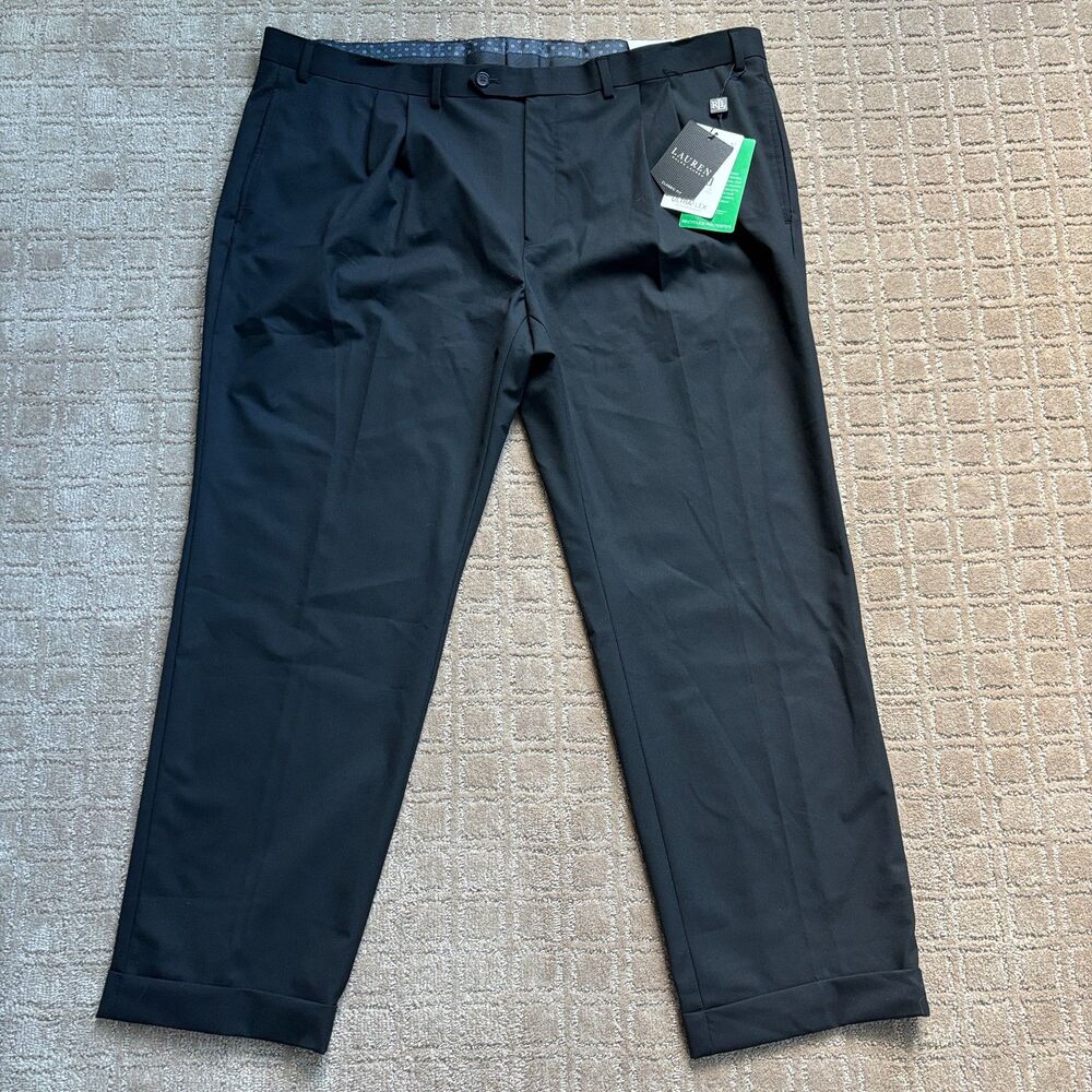 Ralph Lauren Classic Fit Chino Pants Mens 44x30 Black Pleated Stretch Cuff Hem